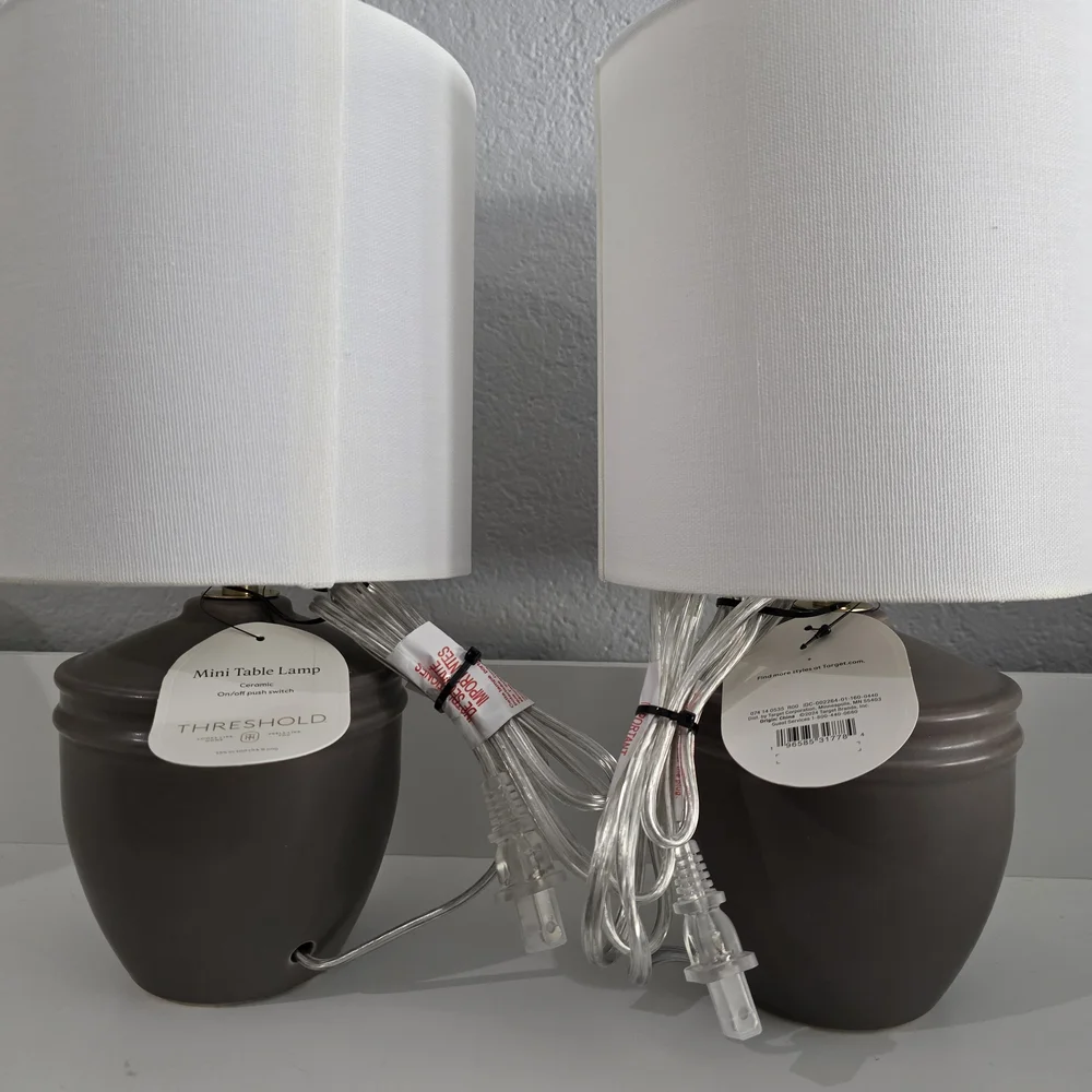 Threshold Taupe Ceramic Mini Table Lamps with White Shades, Set of 2